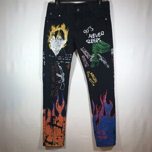 Jean's Men's 32 Black Streetwear Graffiti Hip Hop Graphic Prints Pants